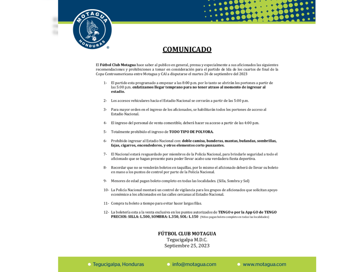 El comunicado publicado por la pagina oficial del Motagua, establece el reglamento para este próximo partido.