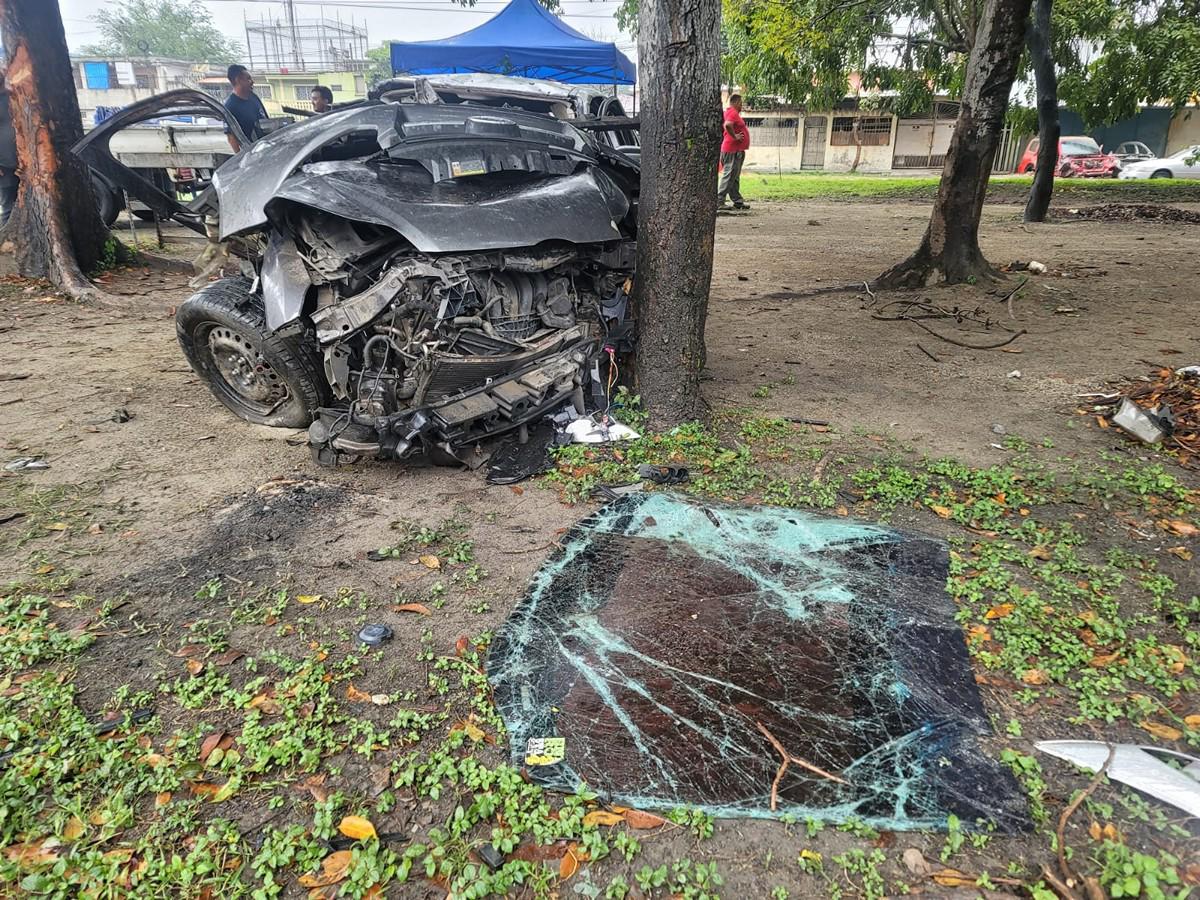 Vehículo resulta destrozado al colisionar contra árbol en San Pedro Sula