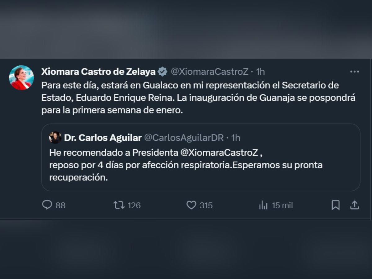 Recomiendan reposo a presidenta Xiomara Castro por afección respiratoria