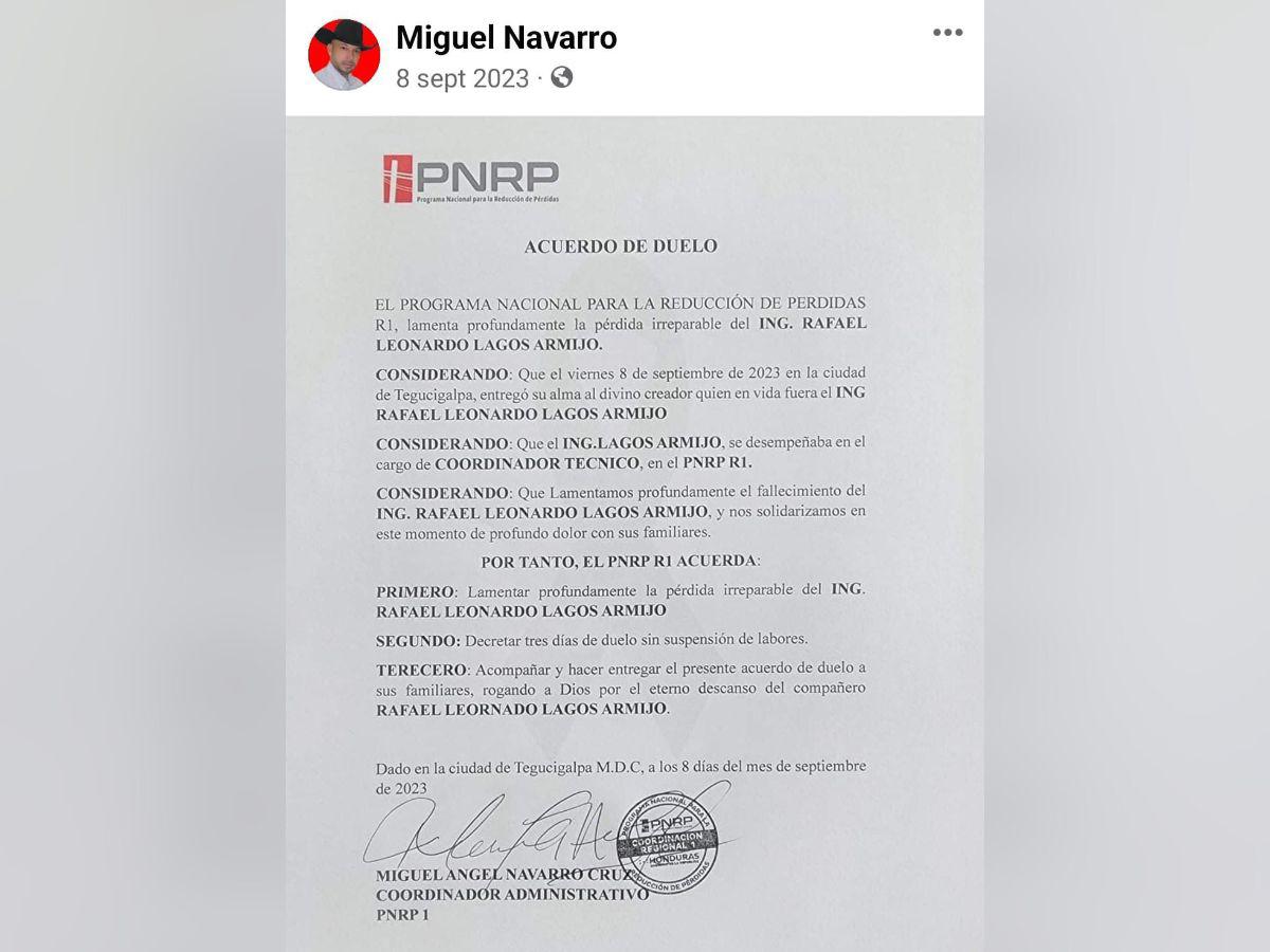 Este fue el acuerdo de duelo compartido en redes sociales por el exdiputado Navarro, quien hoy es sospechoso de haber sido él quien lo mandó a matar.