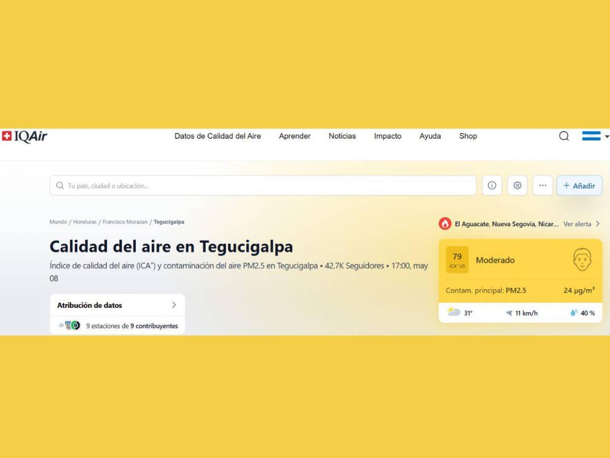 Calidad del aire en Tegucigalpa este 8 de mayo alcanza los 79 puntos