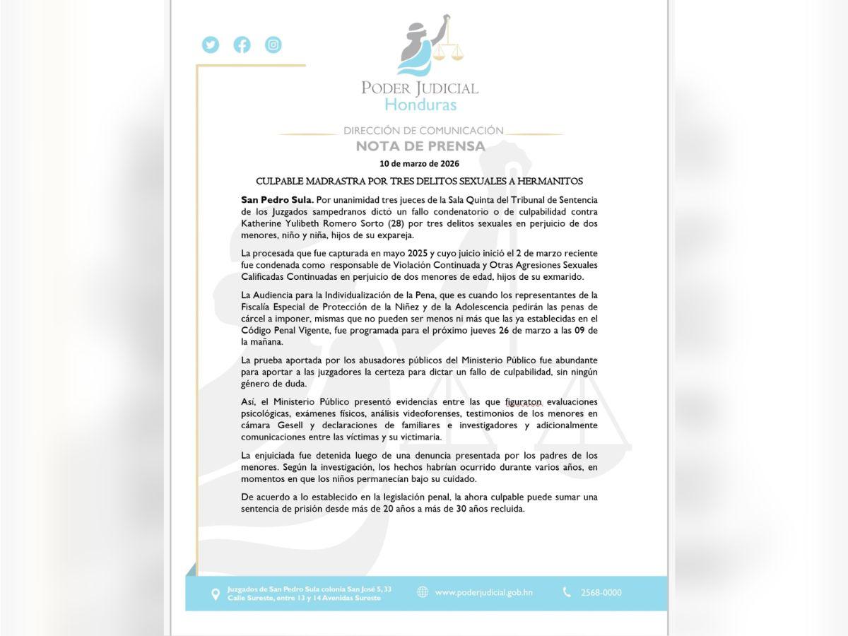 Culpable de abusar de sus hijastros declaran a Katherine Romero: ¿cuántos años estará en prisión?