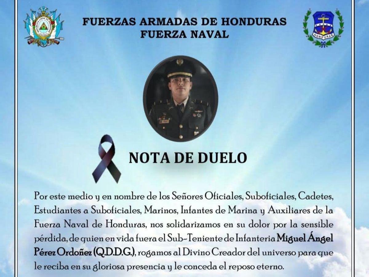 Miguel Pérez, subteniente de Infantería, que murió en accidente en Atlántida