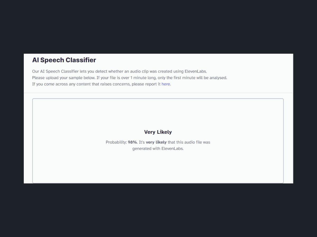 $!Captura de pantalla al resultado de Eleven Labs sobre el supuesto audio de Tomás Zambrana.