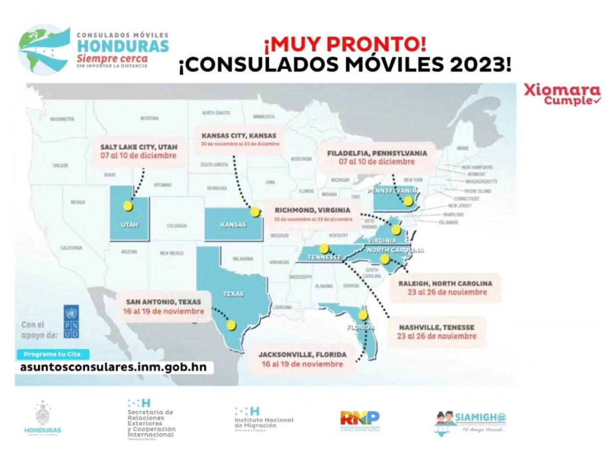 Las fechas y direcciones de los consulados móviles.