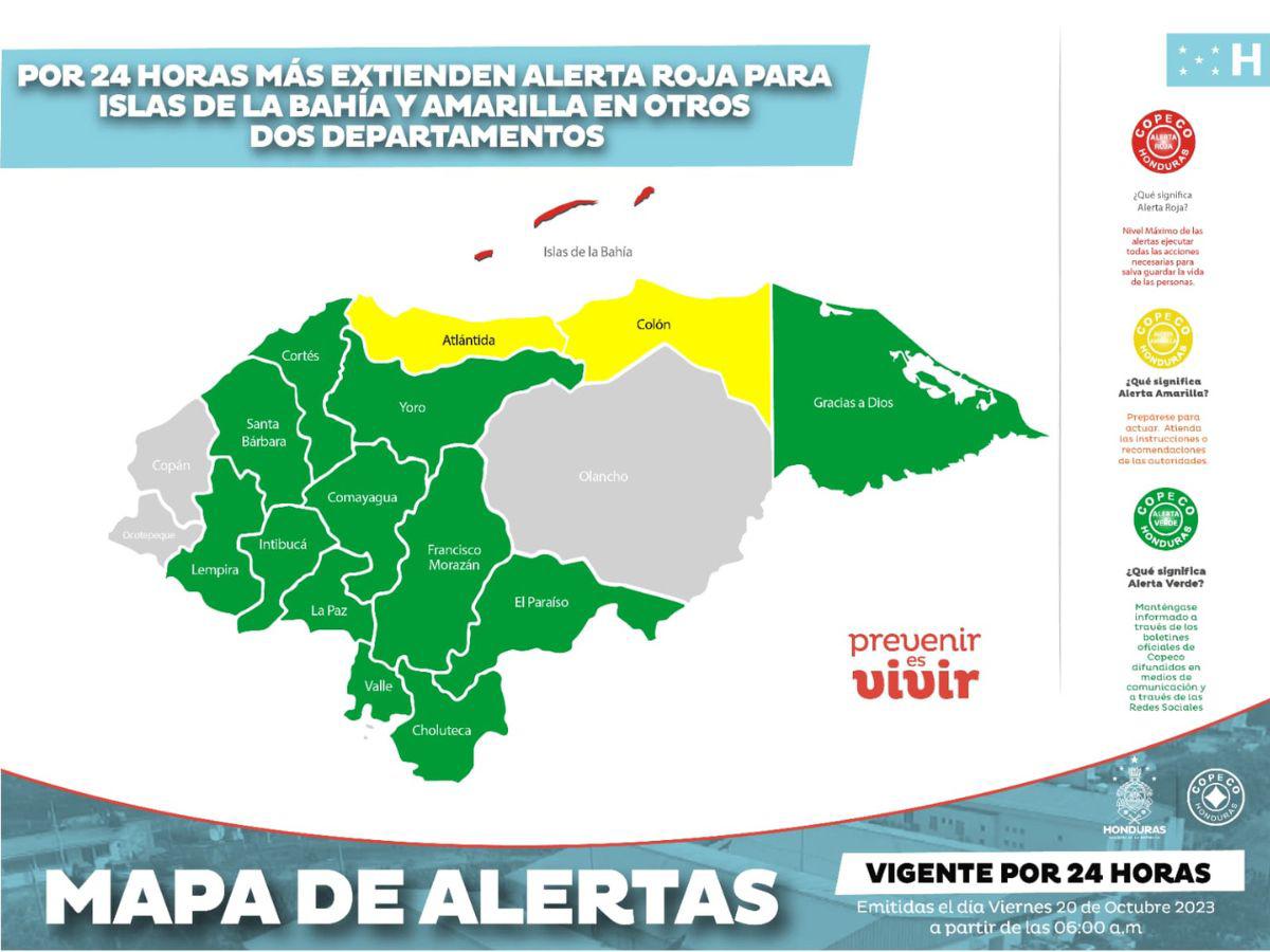 Alerta roja sigue en Islas de la Bahía; 12 departamentos en alerta verde