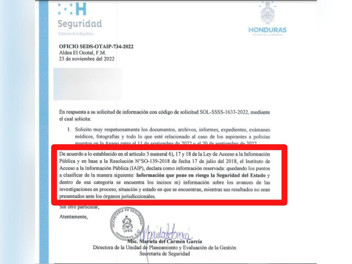 Respuesta de la Secretaría de Seguridad a una solicitud de información hecha por EL HERALDO.