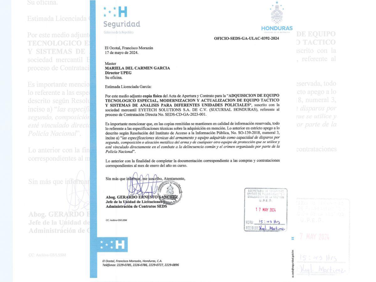 $!Este es el oficio que comprueba que la Secretaría de Seguridad remitió hasta el pasado viernes 17 de mayo de 2024 la versión pública de los procesos de compra de las Black Mamba, armamento y equipo tecnológico.