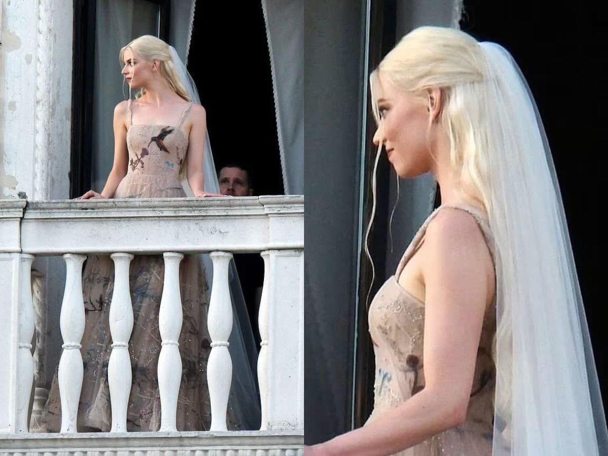 El vestido estaba adornado con pájaros de colores y delicadas flores. También llevó un tradicional velo de novia.