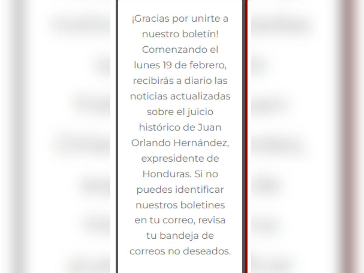 Este mensaje aparecerá una vez que finalice el proceso de suscripción al boletín.