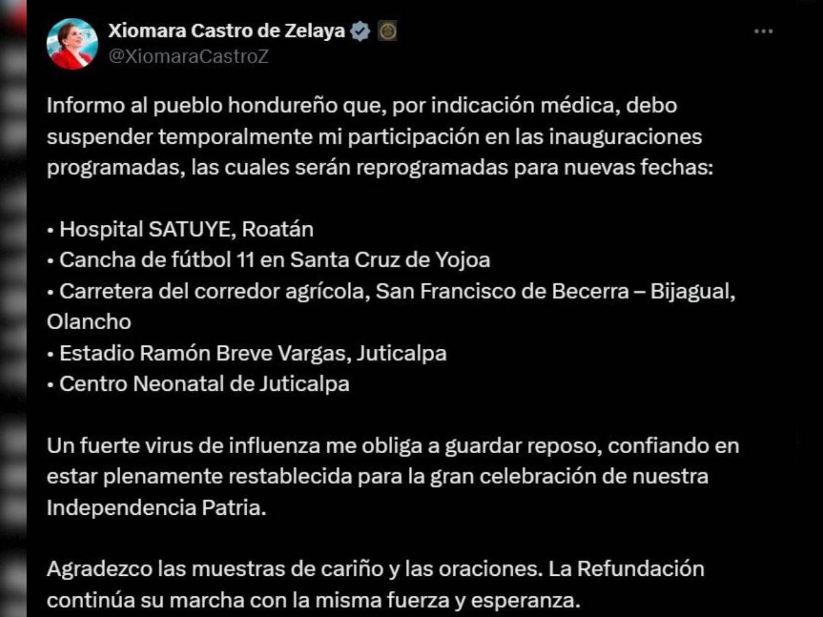 ¿Cómo sigue la salud de la presidenta Xiomara Castro? ¿Participará en las fiestas patrias?