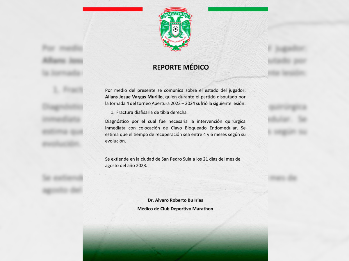 El informe médico del Marathón sobre la dura lesión de Allans Vargas.
