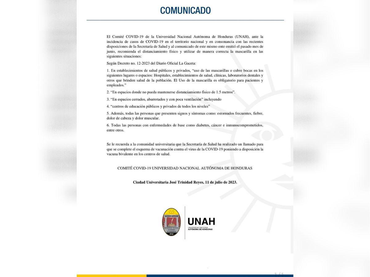 Comunicado publicado por la UNAH.