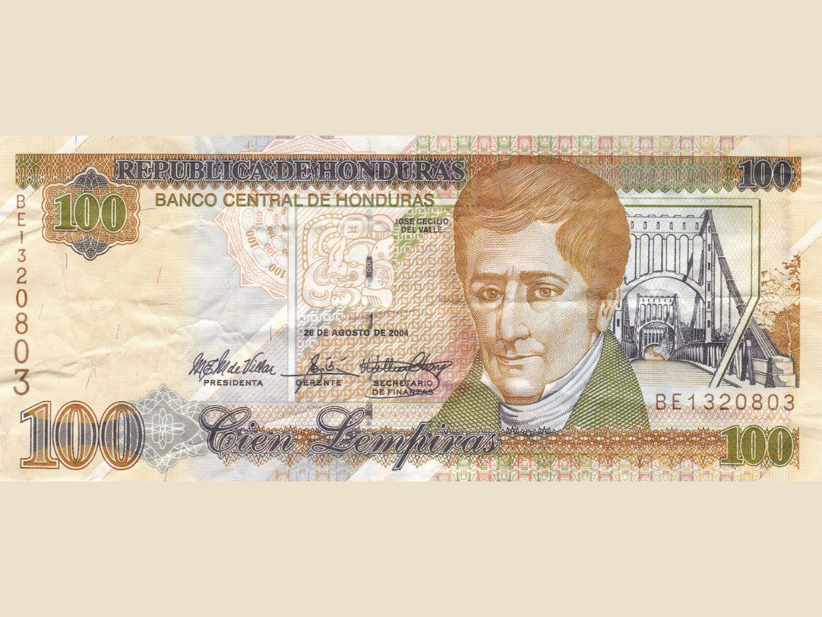 En el billete de L 100 se puede observar el retrato de José Cecilio del Valle, redactor del Acta de Independencia de Centroamérica en 1821, y el puente sobre el río Choluteca. Al reverso del mismo billete se encuentra la casa donde nació Valle en la ciudad de Choluteca.