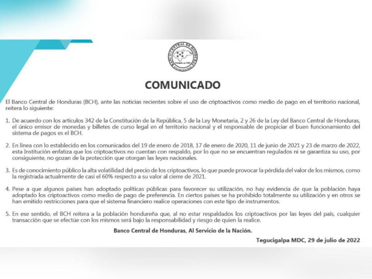 BCH reitera rechazo al uso de las criptomonedas en Honduras