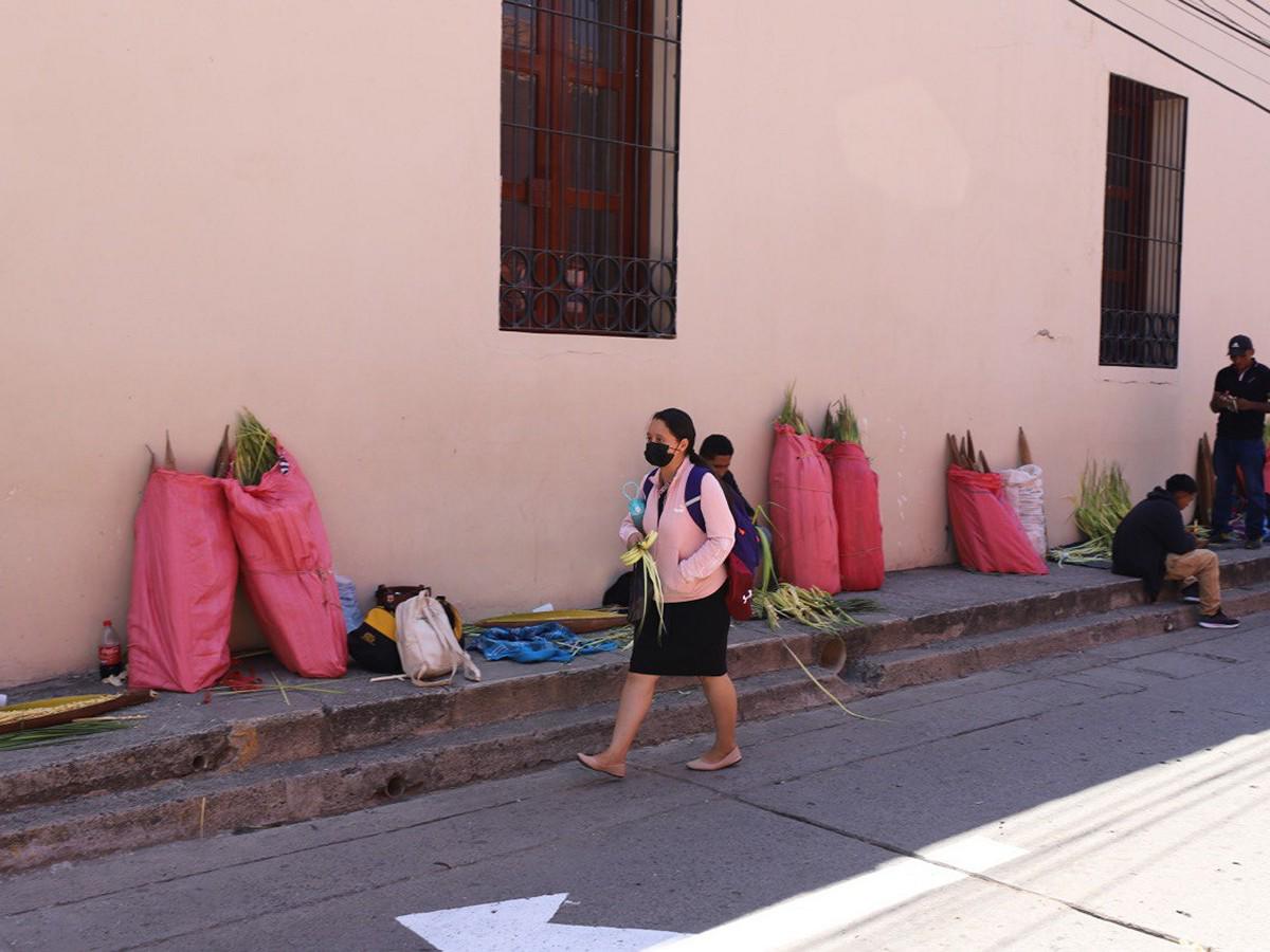 La familia como muchos otros vendedores de palmas se acomodan a un costado de la calle principal, para ofrecer su tradicional producto de la temporada.