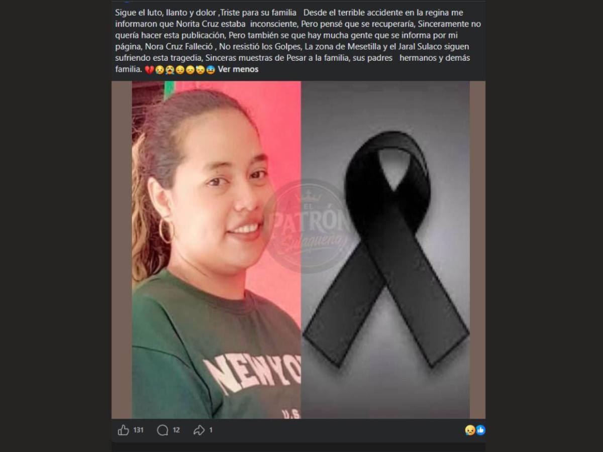 No resistió los golpes: Nora Cruz, quinta víctima del accidente en Yoro, luchó por su vida durante dos días