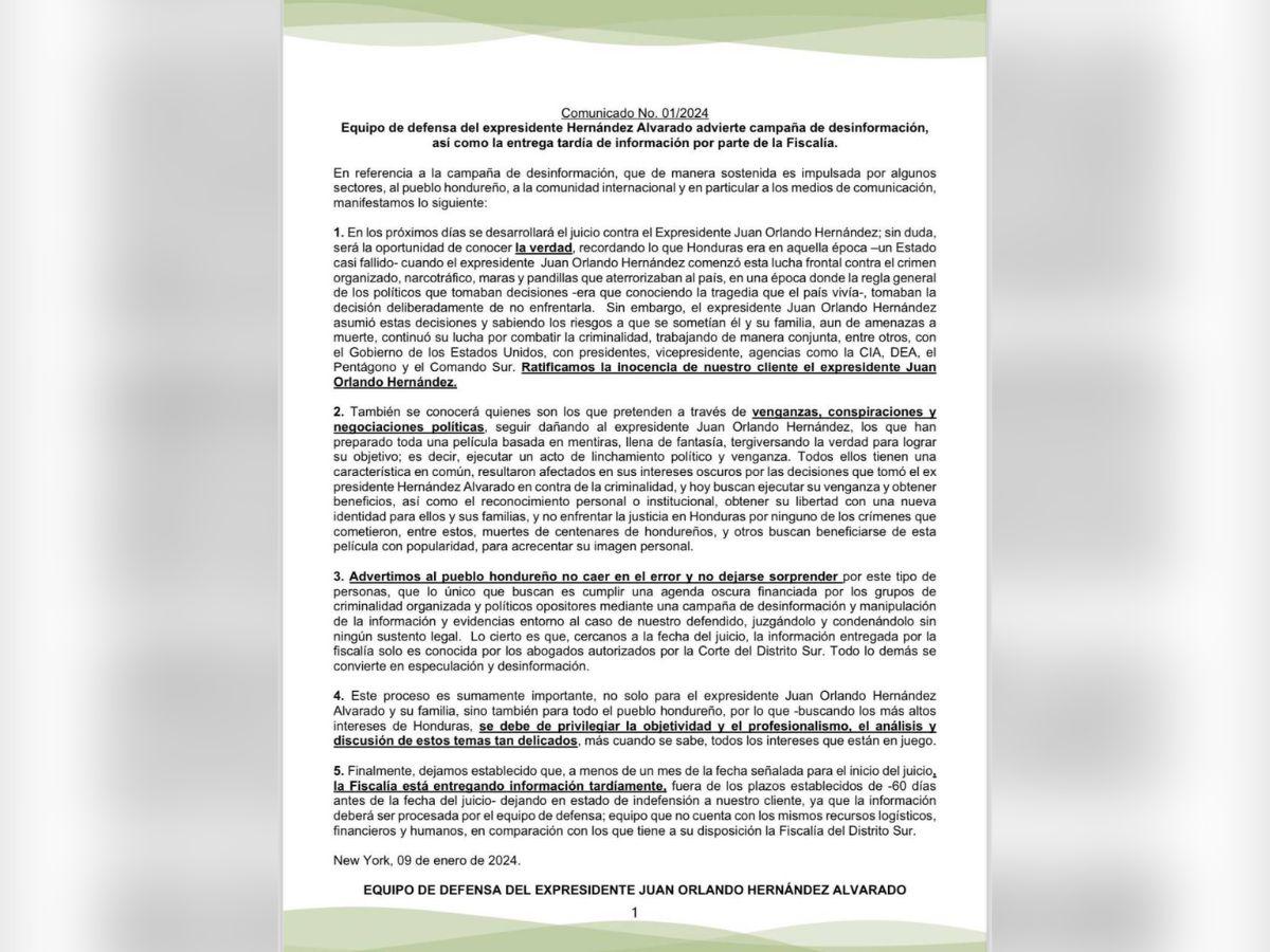 Documento compartido por la defensa del expresidente Hernández.