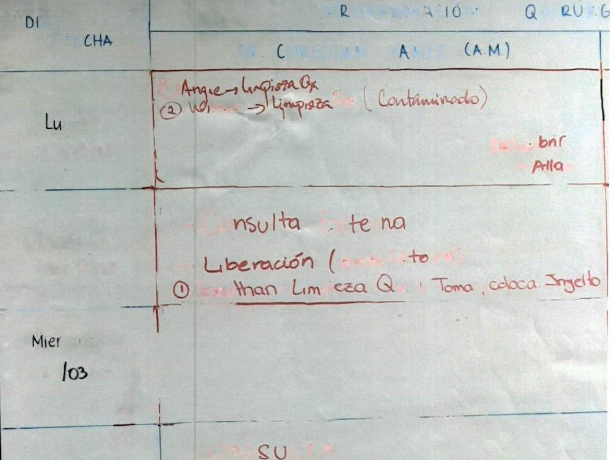 $!En la pizarra del centro asistencial sobre procedimientos se indicaba que Angie iba a limpieza el lunes 27 de marzo.