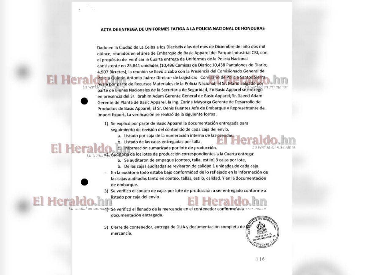 $!Una de las actas de al menos seis entrega de los uniforme policiales comprados a la empresa Atlanco LLC pero que fueron entregados y recibidos en la maquila Basic Apparel ubicada en La Ceiba, Atlántida.