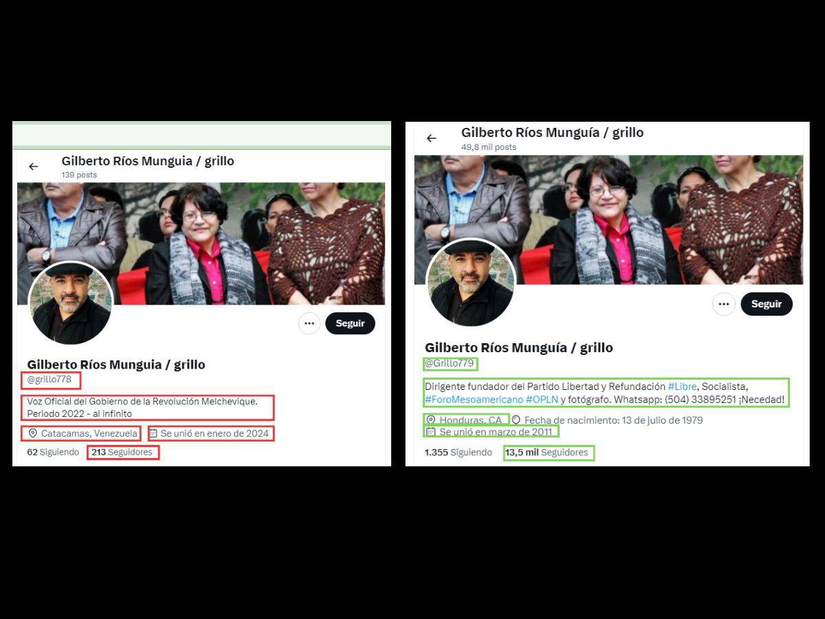 $!A la izquierda, una captura de pantalla de la cuenta de X que suplanta la de Gilberto Ríos y, a la derecha, una imagen del perfil oficial.