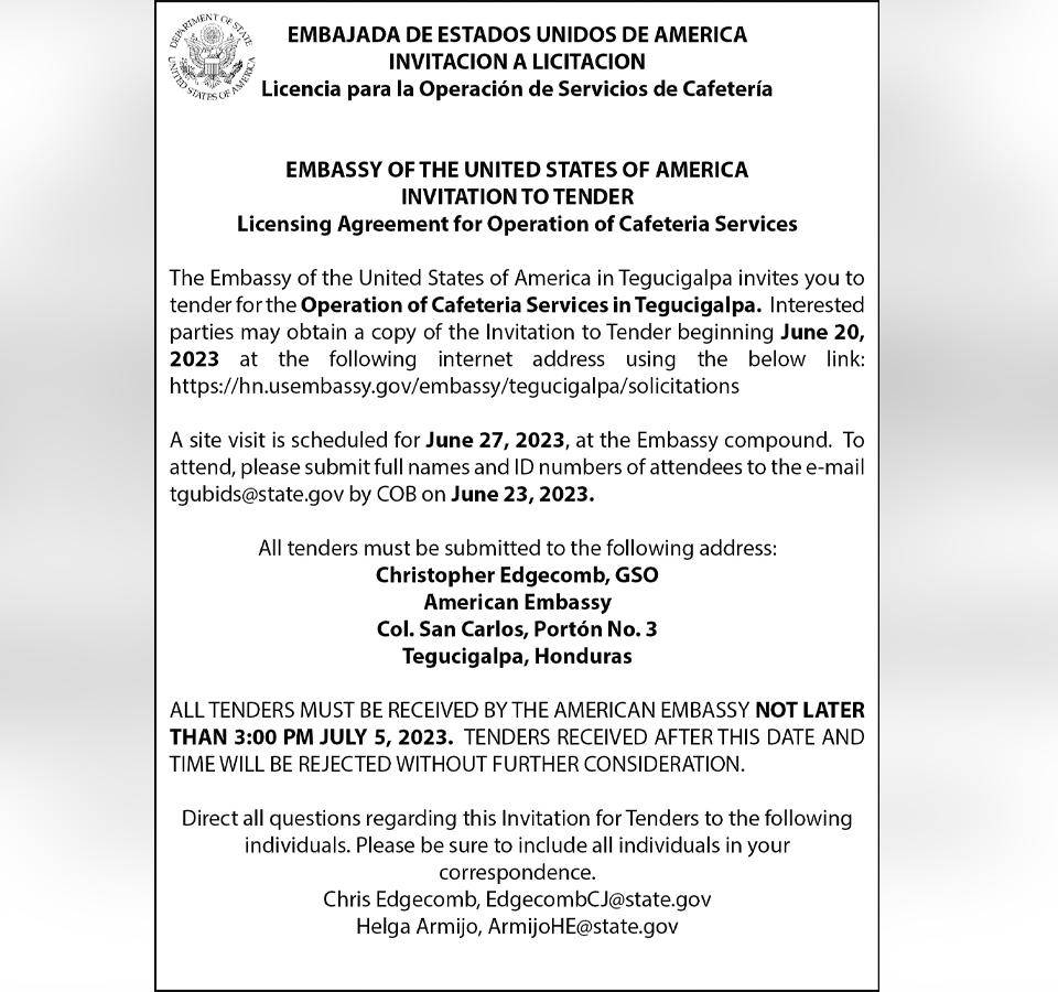 Embajada de Estados Unidos de América: Invitación a licitación