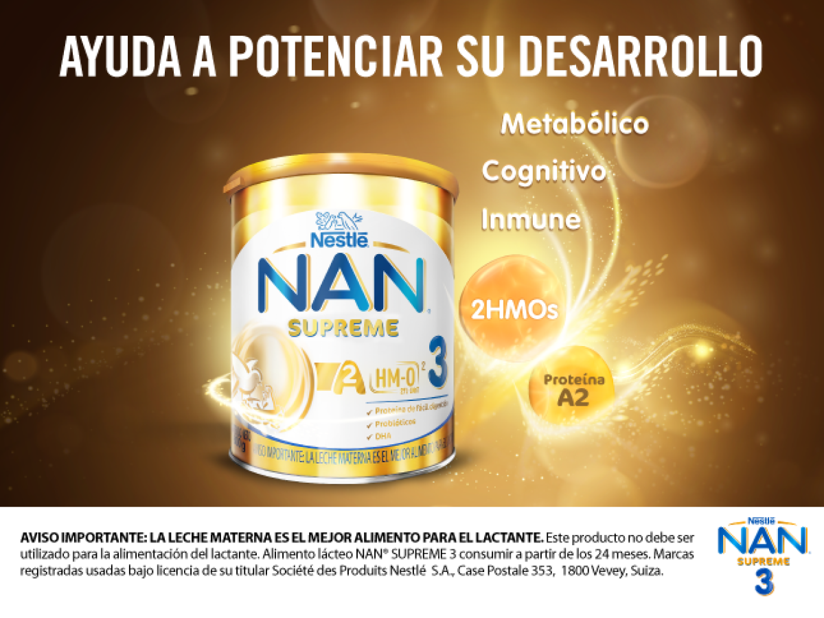 NAN® Supreme 3 de Nestlé contiene proteína A2, 2 moléculas de HMOs y probióticos.