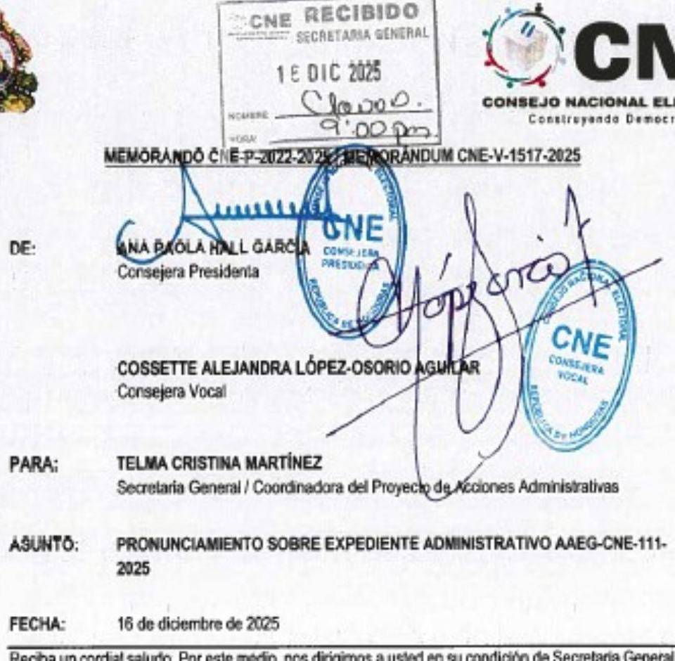 El memorado fue remitido la noche del martes a la Secretaría General del CNE.