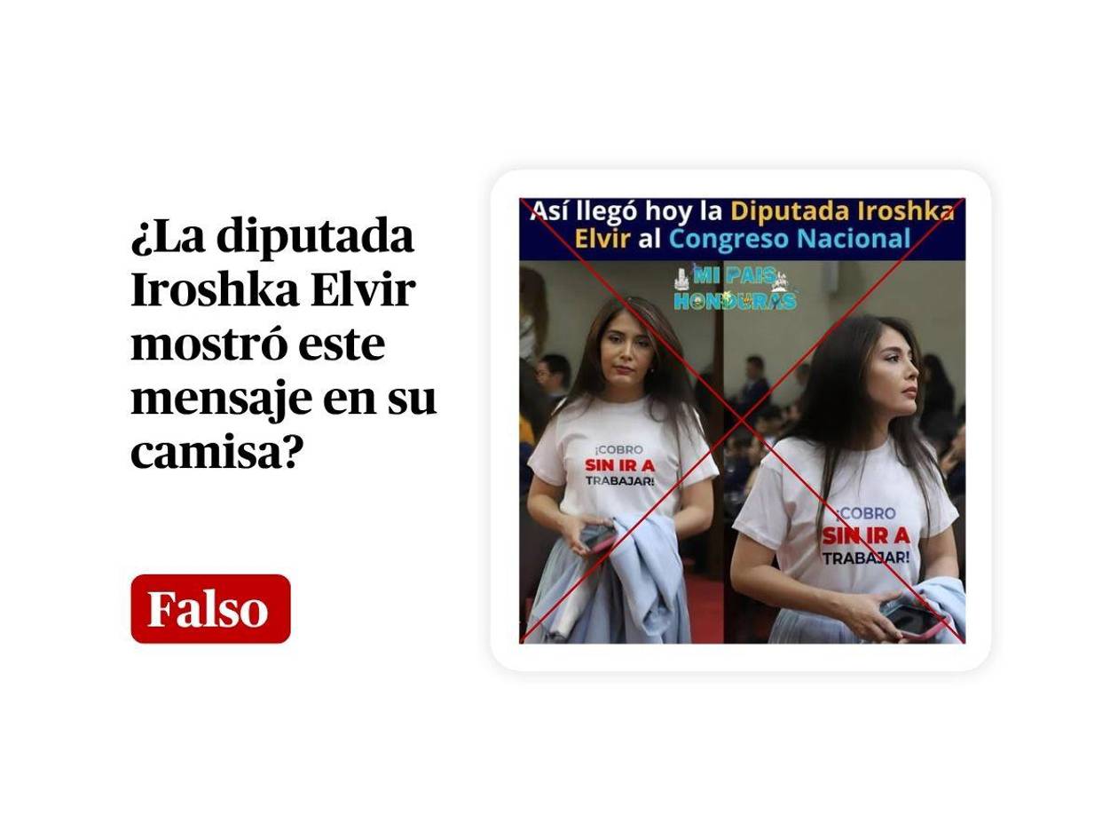 Imágenes de Iroshka Elvir con camisa ¡Cobro sin ir a trabajar! son un montaje