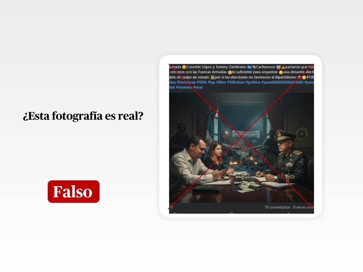 Esta imagen de Tomás Zambrano, Cossette López y un militar está generada con IA