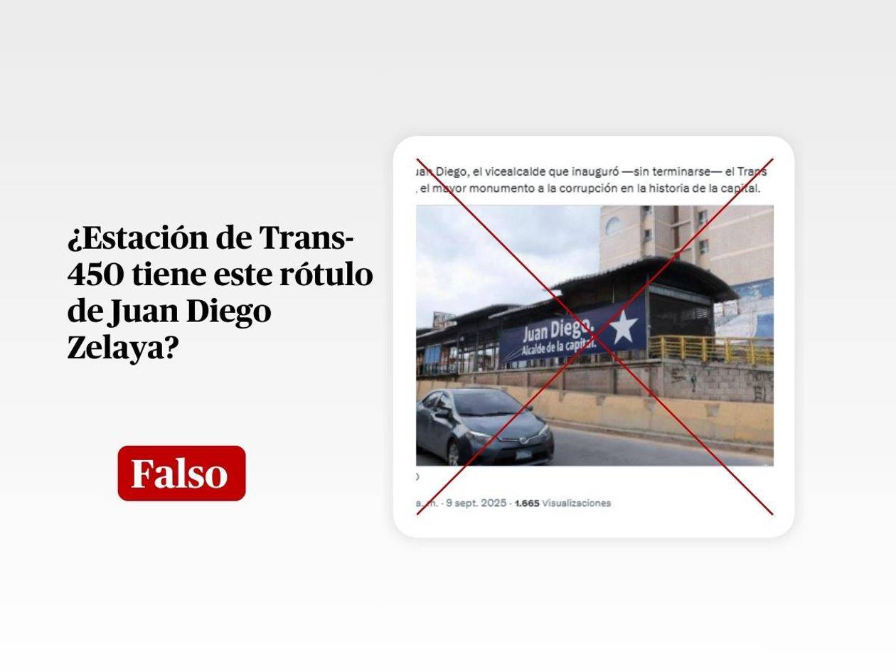 Foto de estación del Trans-450 con rótulo de Juan Diego Zelaya es un montaje