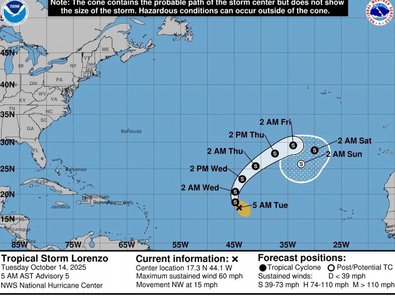 La tormenta tropical Lorenzo avanza hacia el norte; se podría disipar este jueves
