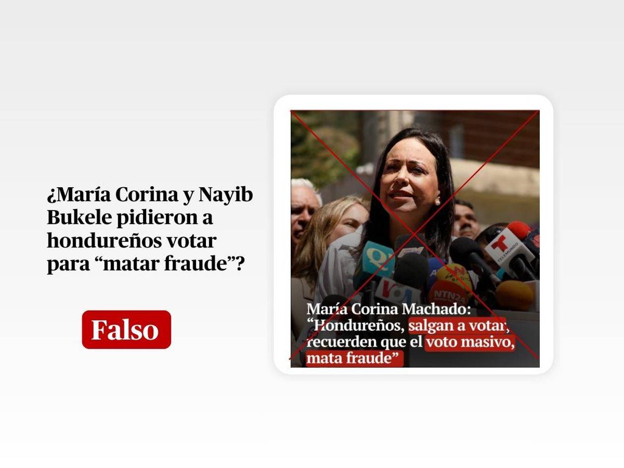 Frase “voto masivo mata fraude” en artes atribuida a Bukele y Machado es falsa