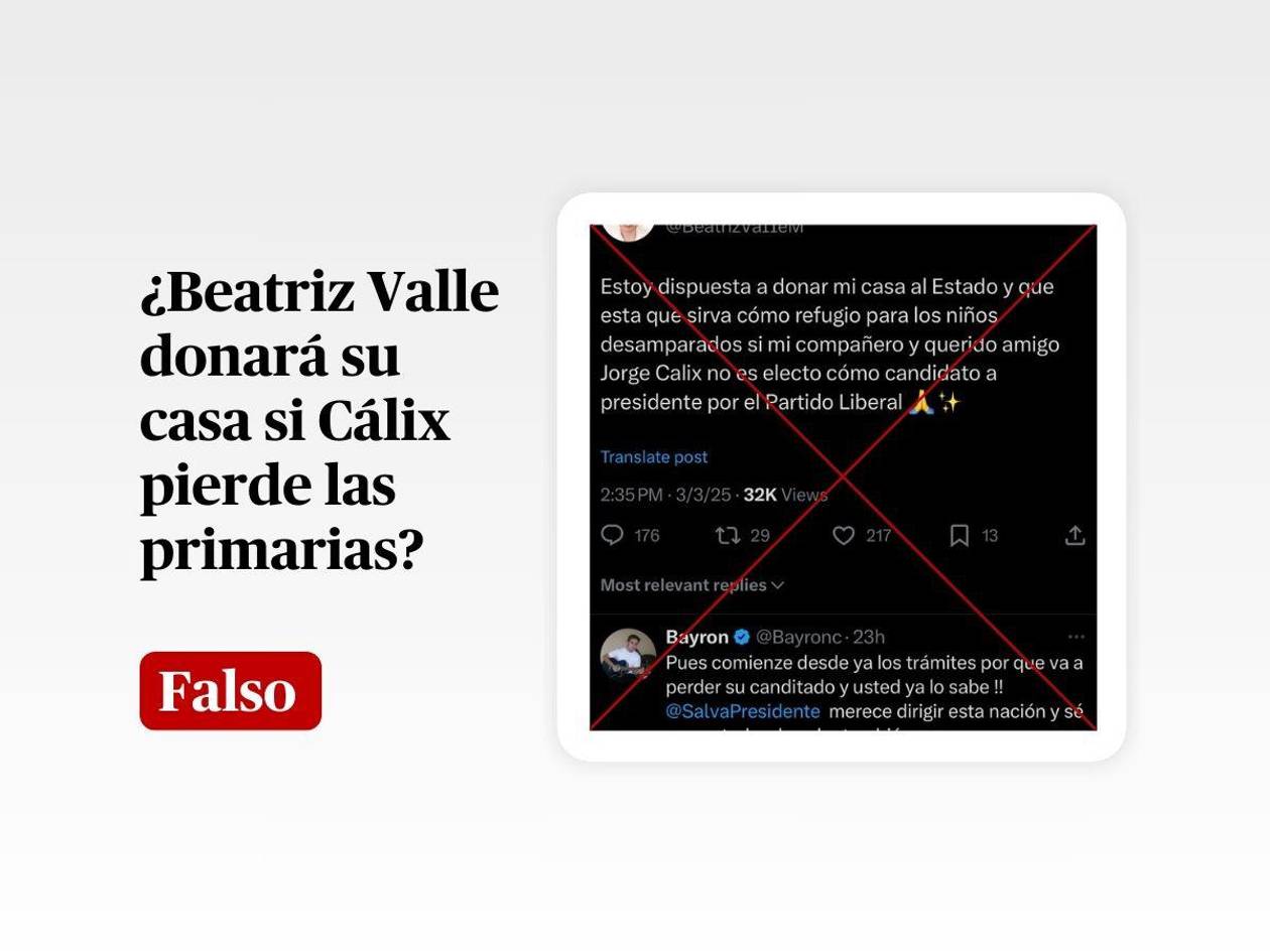 Falso que Beatriz Valle donará su casa si Cálix pierde: lo dijo una cuenta parodia de X