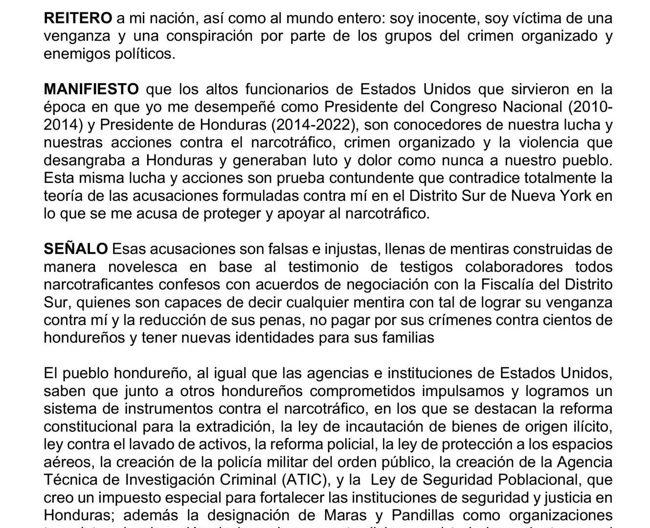 $!El expresidente envió desde la prisión una carta en la que asegura que es inocente de los cargos,