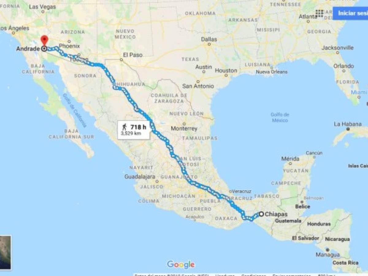 Desde Chiapas hasta Andrade, Baja California el recorrido es de 3,529 kilómetros en lo que significaría el camino más largo para cruzar de México a Estados Unidos. Foto: Google Maps