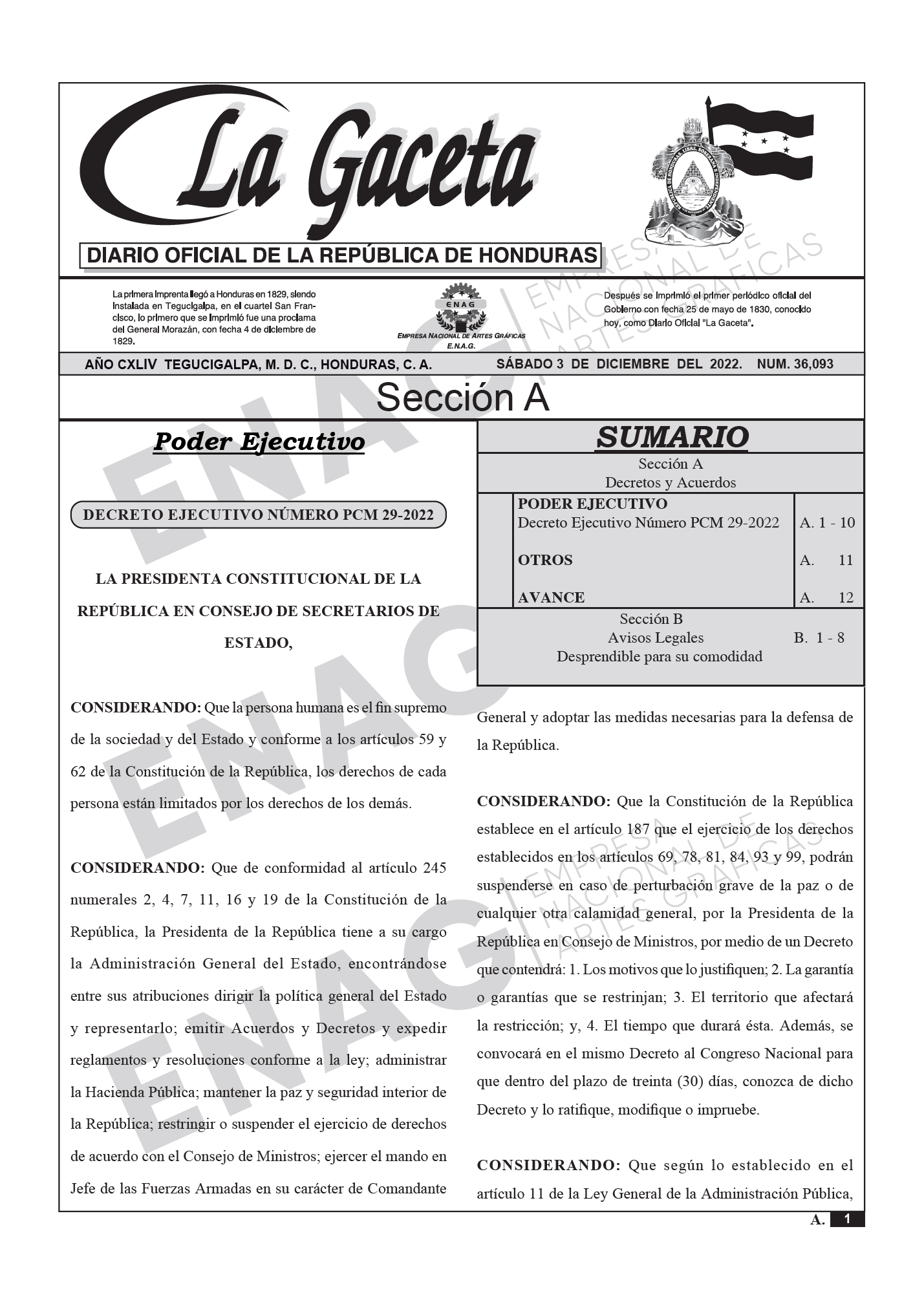 Decreto de La Gaceta sobre el toque de queda en Tegucigalpa y San Pedro Sula