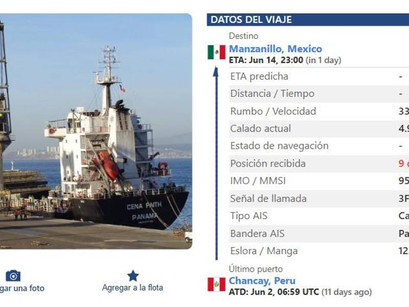 Estos son los detalles del barco de bandera peruana. Salió de Chancay, Perú a Nicaragua y luego a Honduras.