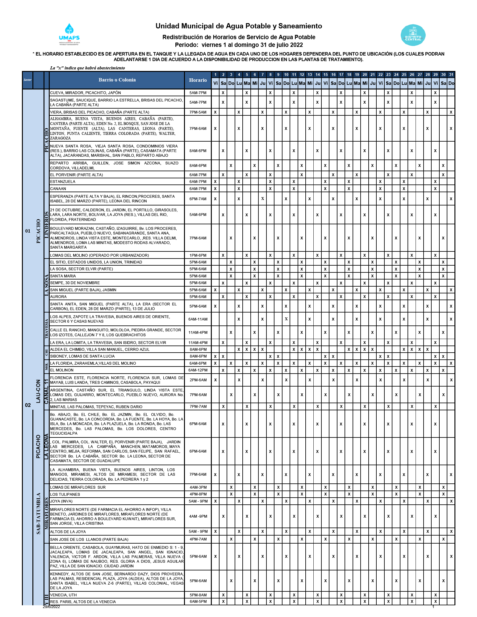 Calendario de distribución de agua potable de julio de 2022