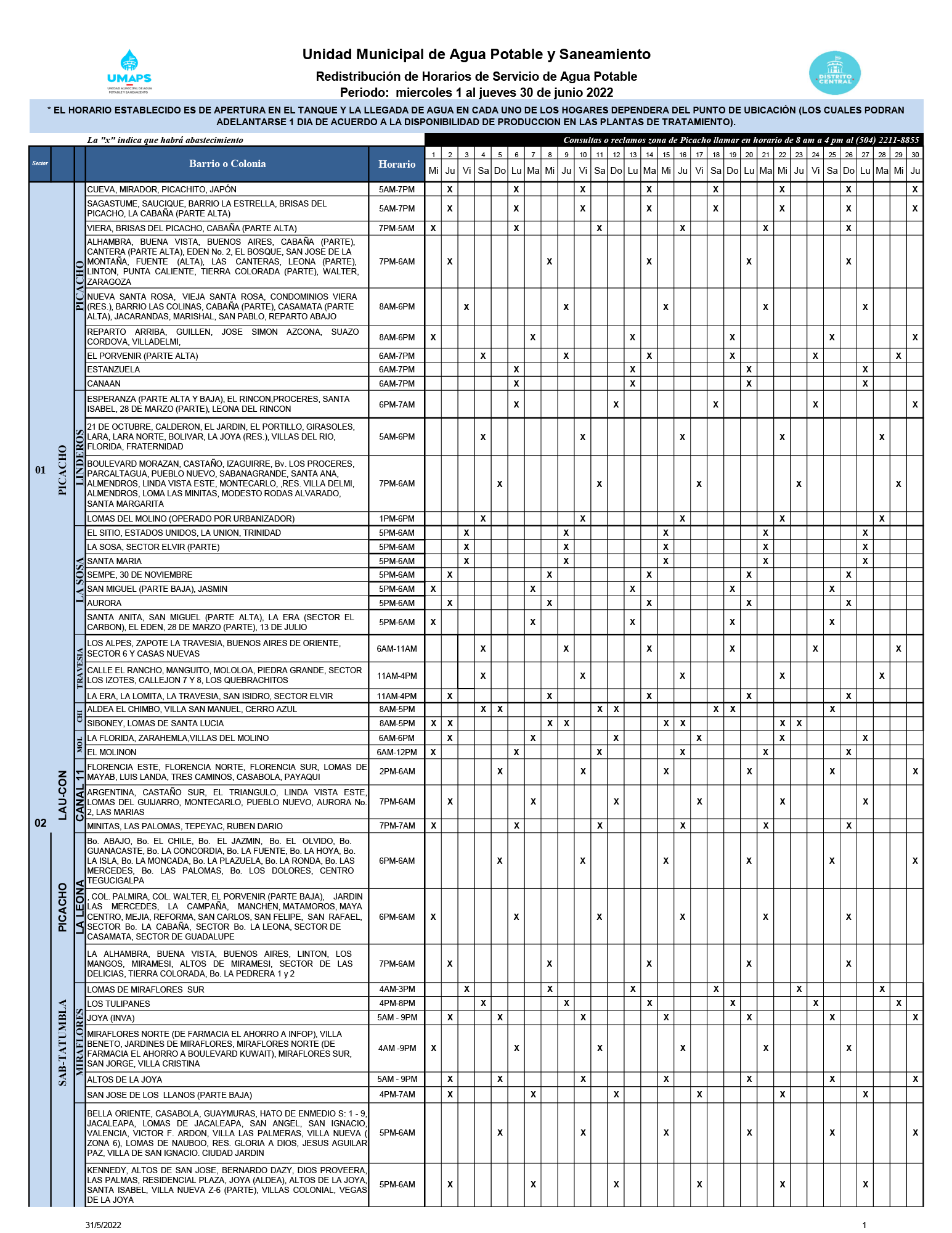 Calendario de distribución de agua potable de junio 2022