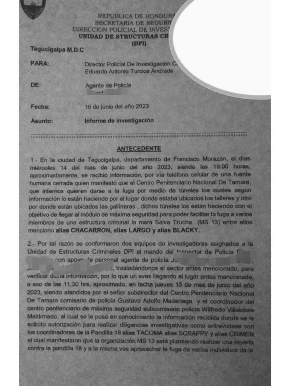 La Dirección Policial de Investigación (DPI) elaboró un informe especial de los túneles que la MS-13 cavó en Támara