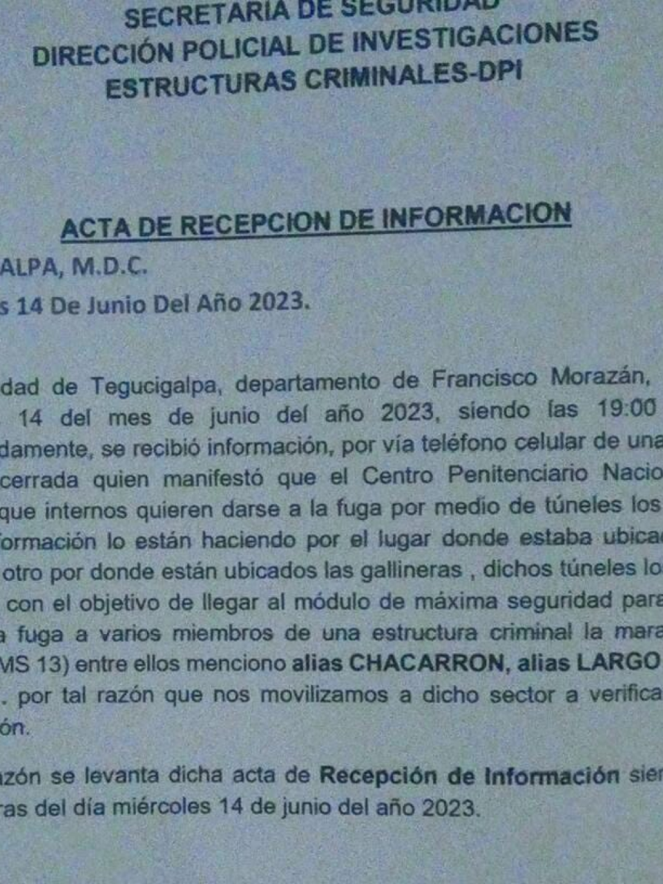 Esta acta de recepción de la Unidad de Estructuras Criminales de la DPI muestra detalles de como se denunció la existencia de túneles en Támara.