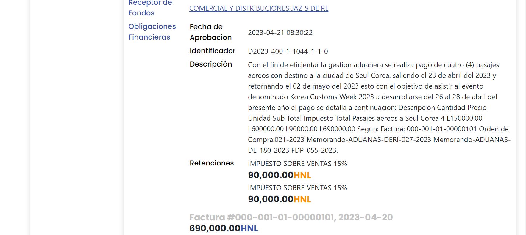 $!Esta es una de las transacciones entre la Administración Aduanera de Honduras y una papelería para adquirir boletos aéreos a Corea del Sur.