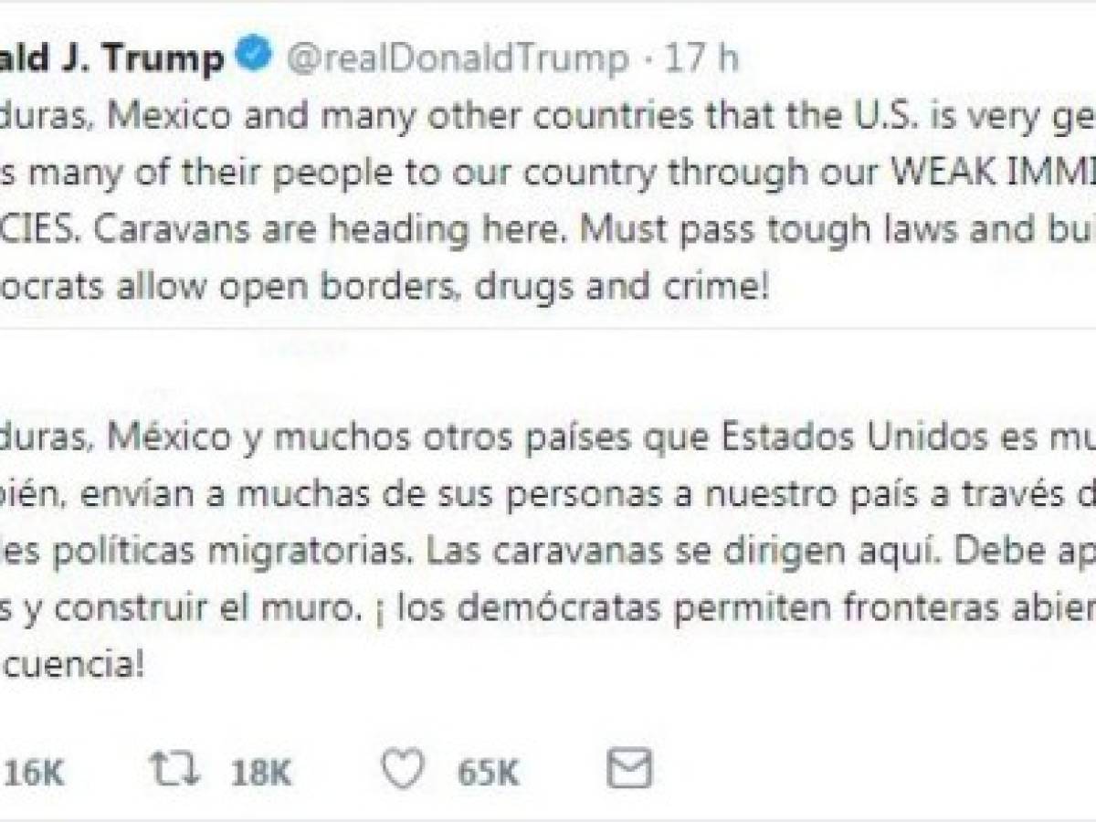 Donald Trump amenaza con quitar ayuda extranjera a Honduras por polémica caravana de inmigrantes