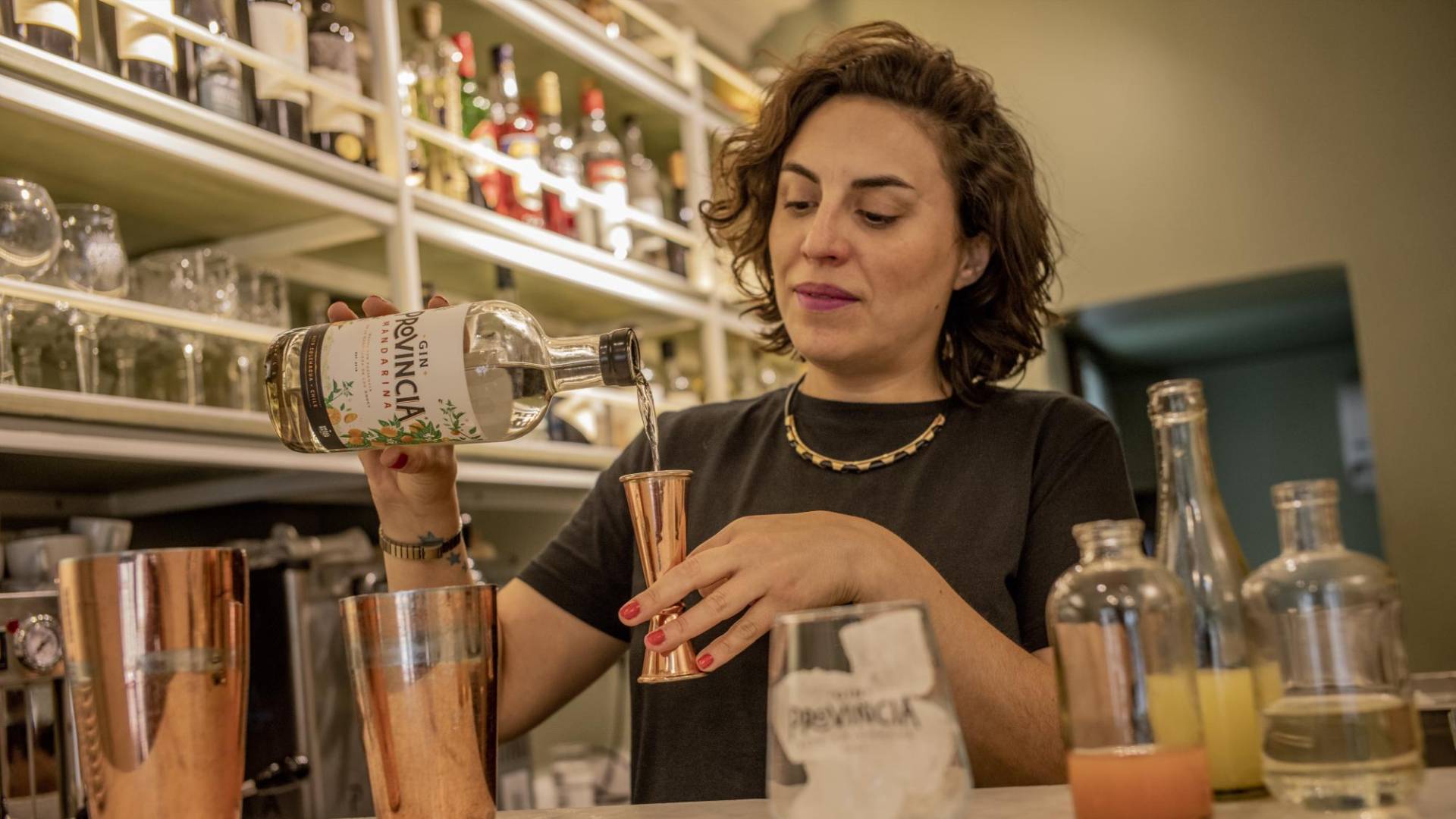$!Camila Aguirre Aburto, emba-jadora de marca de Gin Provincia, prepara bebidas en Santiago de Chile.