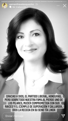 'Fue una guerrera y un orgullo para toda la familia': El mensaje de Samantha Velásquez sobre la exdiputada &nbsp;&nbsp;