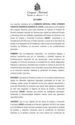 Dictamen reformas a Ley ZEDE para exoneraciones fiscales a ciudades modelo