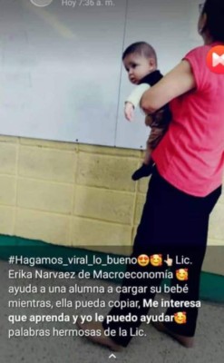 Maestra de la UNAH carga bebé de estudiante para que realizara anotaciones de la clase