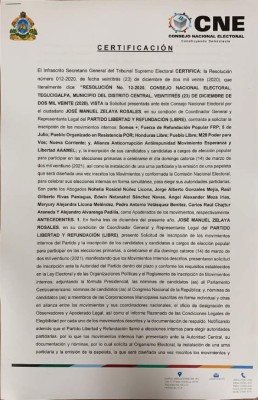 CNE certifica inscripciones de los movimientos del Partido Libre