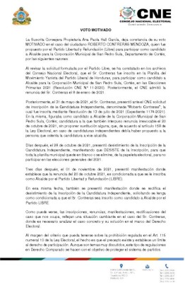 Voto motivado de Ana Paola Hall contra inscripción de Roberto Contreras